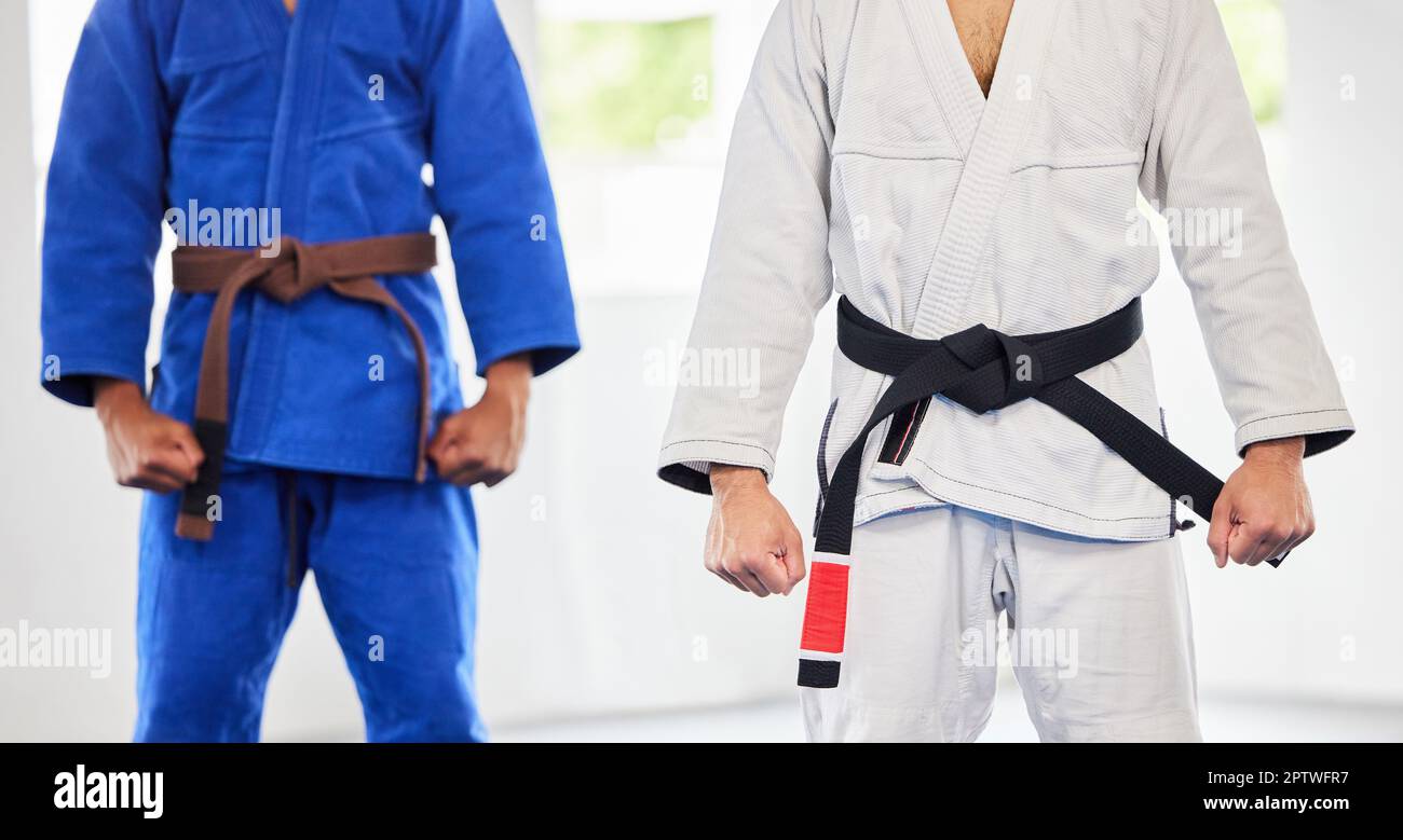 Karate, dojo e uomini in uniforme per allenamenti, esercizi o combattimenti, tornei o campionati. MMA, arti marziali e atleti di caccia in un Foto Stock