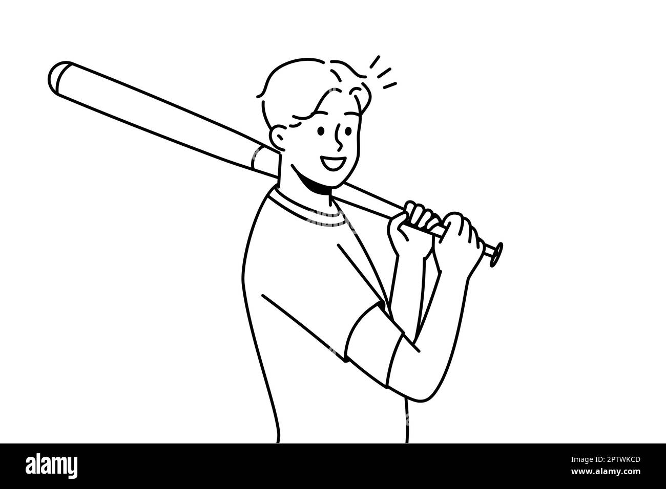 Sorridente giovane sportivo maschile con mazza da baseball che gioca sul campo. Atleta felice in uniforme. Illustrazione vettoriale. Foto Stock