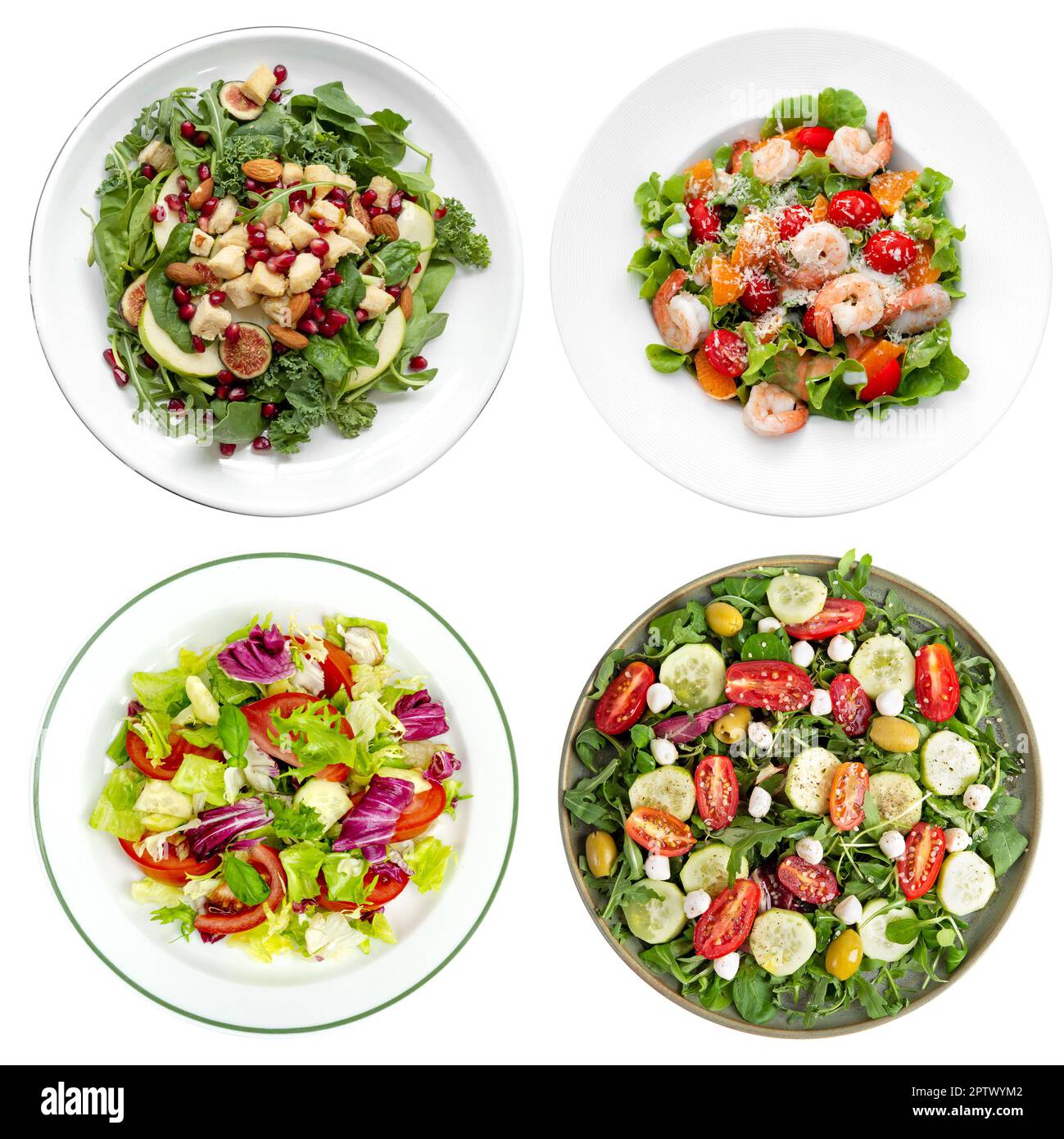 Piatto di insalata di verdure fresche e verdure verdi isolato su sfondo bianco. Vista dall'alto cibo sano tagliato fuori Foto Stock