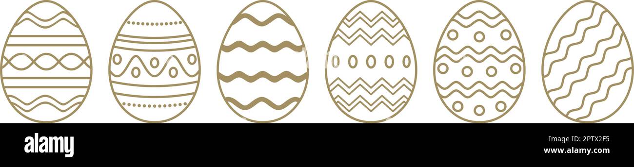 Set vettoriale di uovo di Pasqua. Oro incorniciato uova contorno su sfondo bianco isolato. Illustrazione Vettoriale