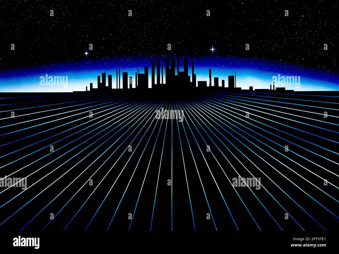 Illustrazione del concetto. Silhouette di skyline simulato della città sulle linee della griglia. Foto Stock