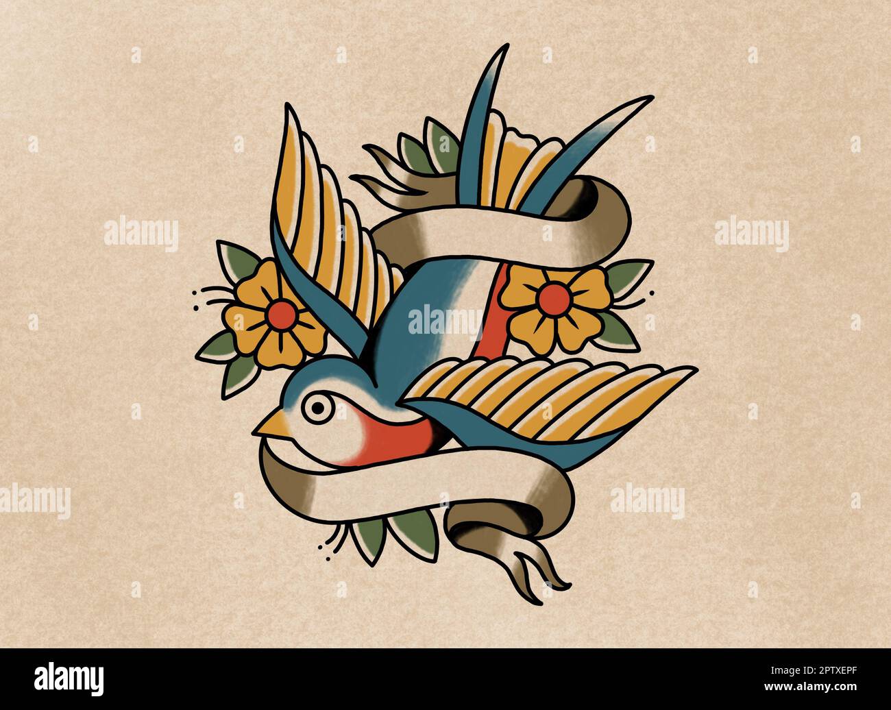 Tatuaggio vecchio stile arte disegno uccello tenendo rotolo di carta in becco con fiori Foto Stock