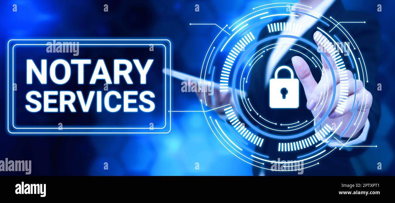 Segno di testo che mostra Notary Services, servizi di Business Concept resi da un notaio pubblico commissionato dallo Stato Foto Stock