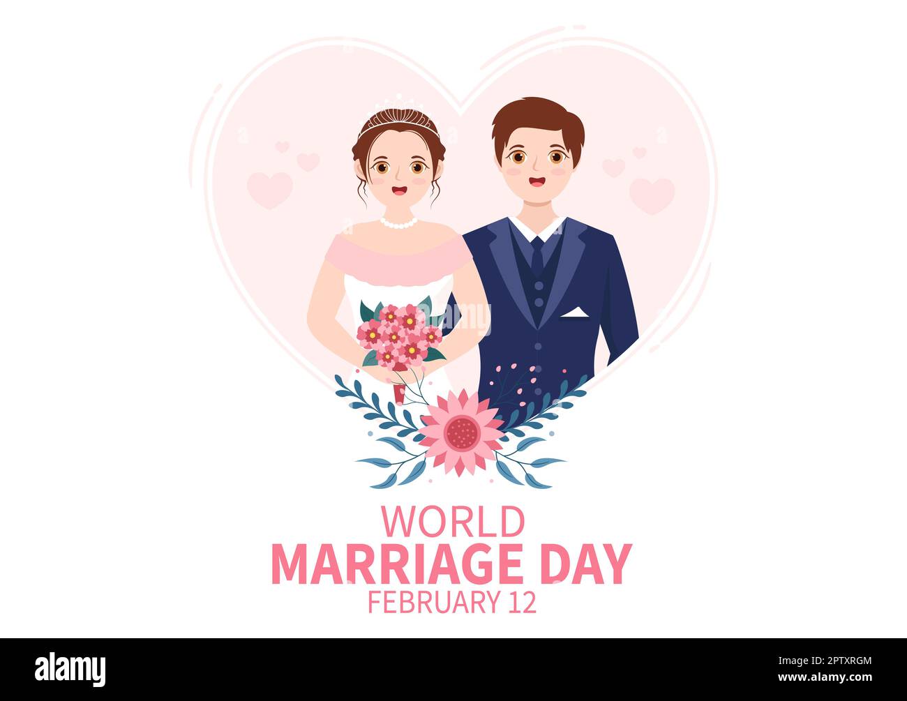 Giornata mondiale del matrimonio il 12 febbraio con simbolo d'amore per sottolineare la bellezza e la fedeltà di un partner in Cartoon piano modelli disegnati a mano Illustrazione Foto Stock