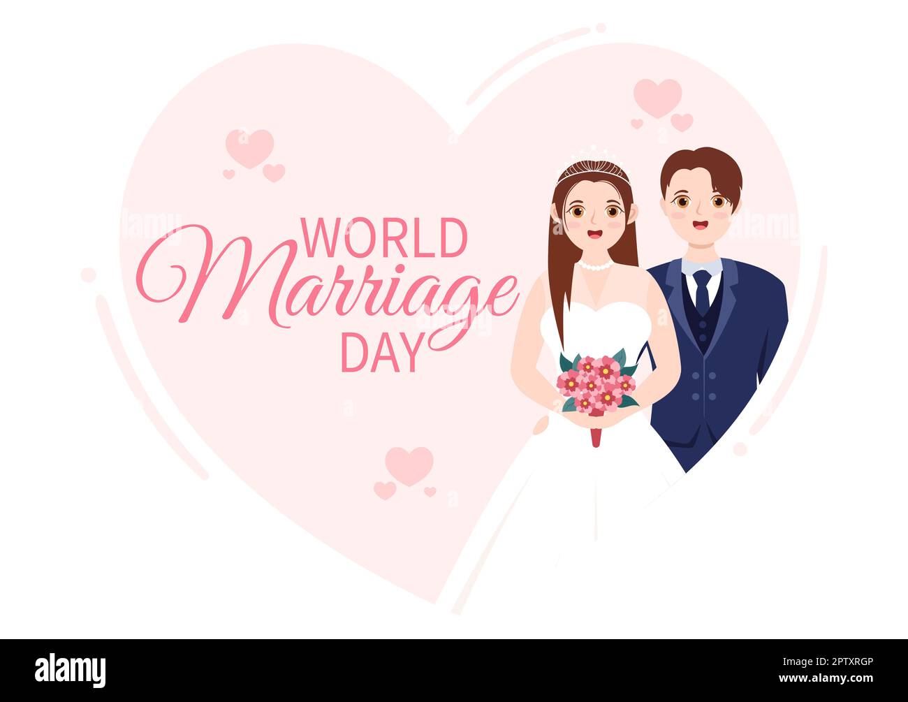 Giornata mondiale del matrimonio il 12 febbraio con simbolo d'amore per sottolineare la bellezza e la fedeltà di un partner in Cartoon piano modelli disegnati a mano Illustrazione Foto Stock