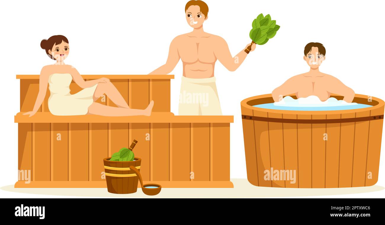 Sauna e bagno turco con le persone rilassarsi, lavare i loro corpi, vapore o godersi il tempo in Cartoon piano modelli disegnati a mano Illustrazione Illustrazione Vettoriale