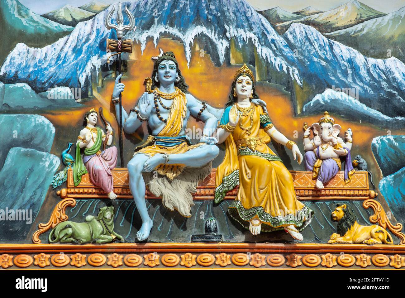 India, Uttarakhand, Gangri. Himalaya. Sito di pellegrinaggio. Vicino al fiume Bhagirathi, fonte di Ganga, fiume Ganges. Murale. Foto Stock
