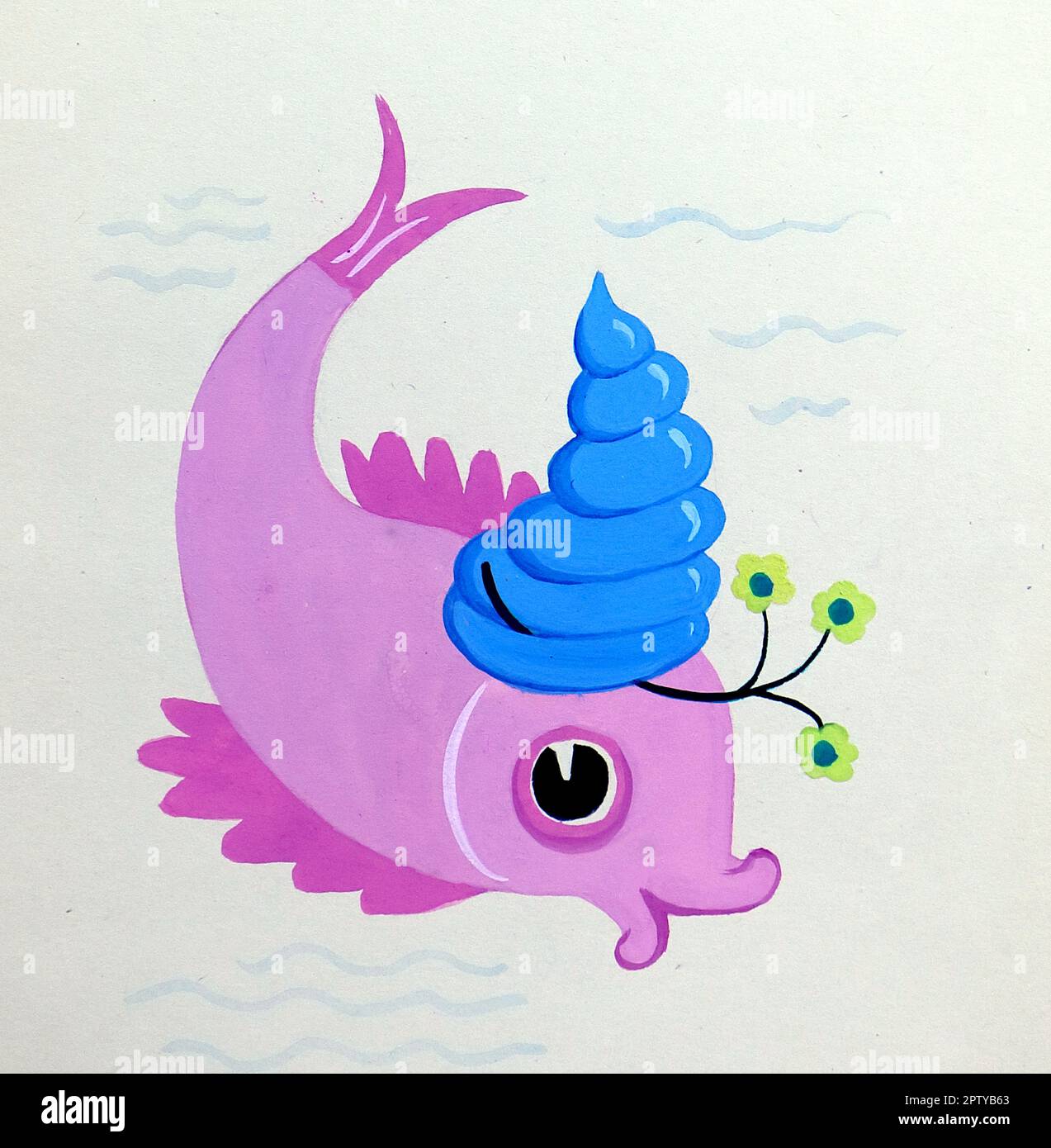 Foto di un dipinto originale tratto da un libro di souvenir edoardiano, c1925. Un pesce dipinto a mano rosa nuoto. Foto Stock