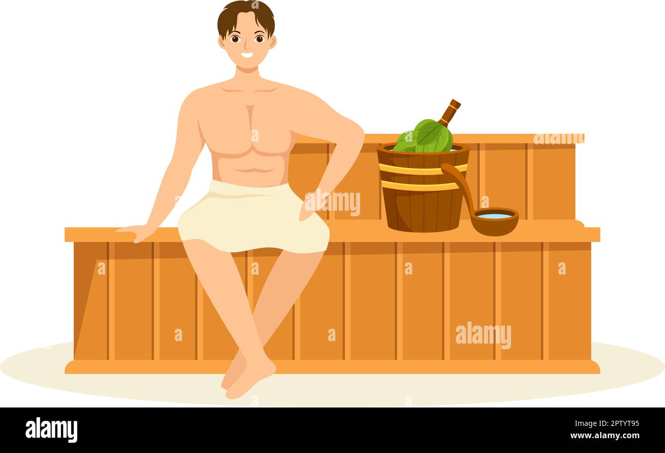 Sauna e bagno turco con le persone rilassarsi, lavare i loro corpi, vapore o godersi il tempo in Cartoon piano modelli disegnati a mano Illustrazione Illustrazione Vettoriale