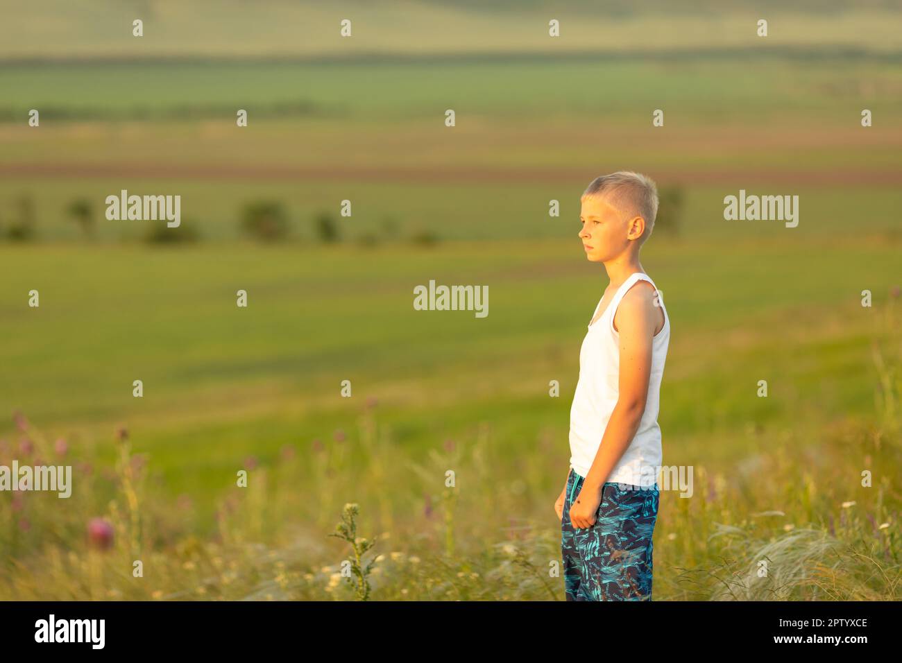 Un ragazzo carino su una collina tra l'erba di piume. Estate e felice concetto di infanzia. Foto Stock