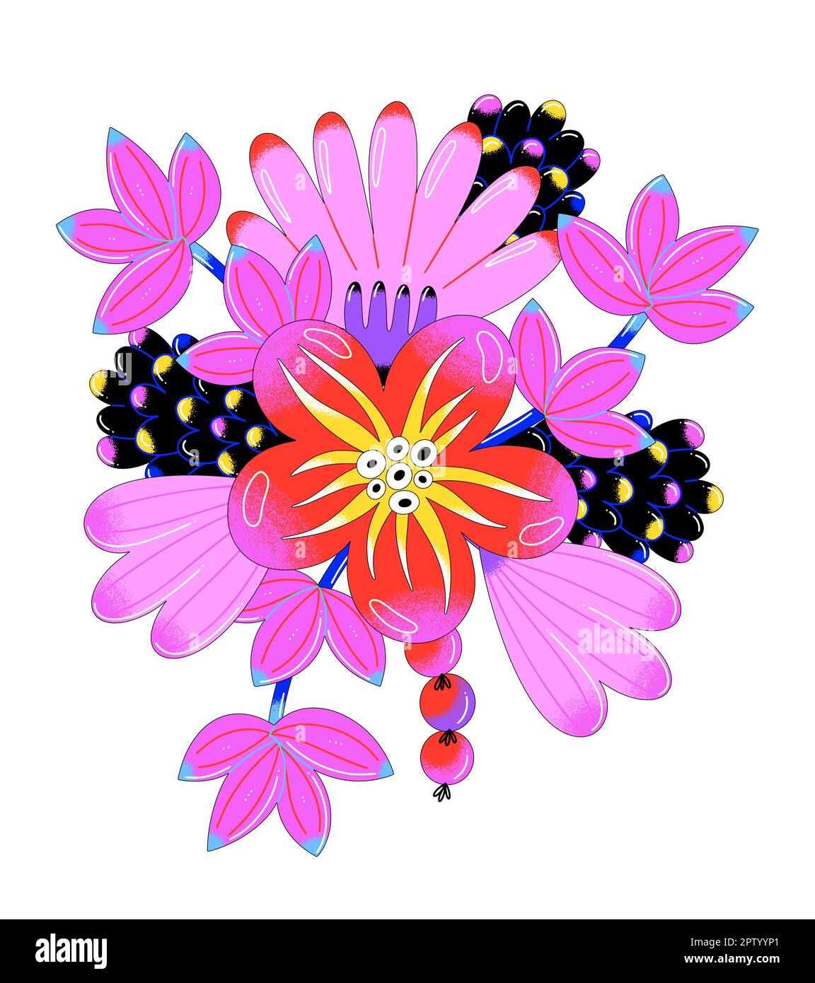 Fiori vettoriali luminosi e contemporanei con contorno nero. Vivace bouquet floreale. Stile berlina. Arte moderna Carta, copertina, stampa su abiti, adesivo Illustrazione Vettoriale