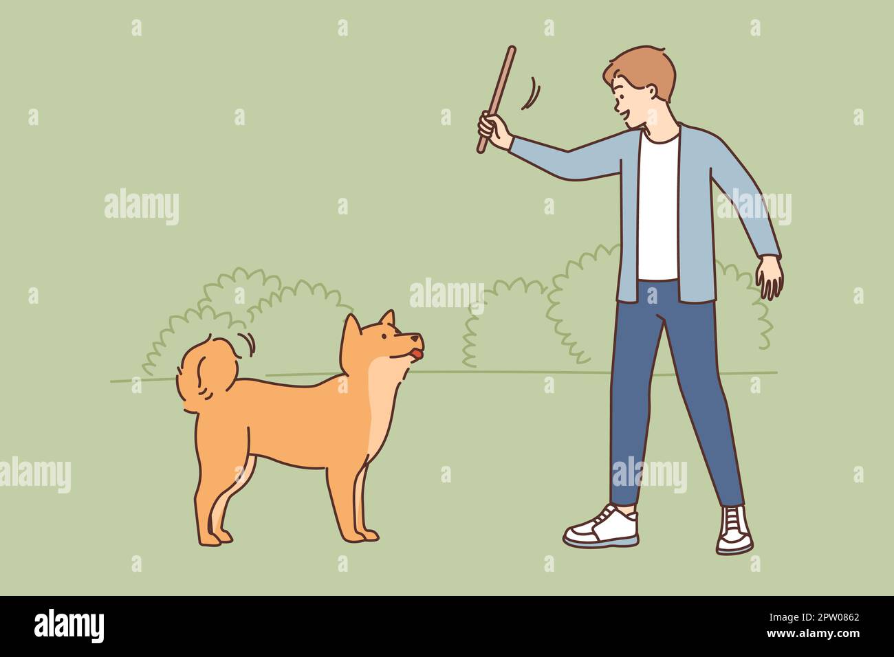 Giovane uomo sorridente allenato con il cane nel parco. Maschio felice con legno in mano insegnare i comandi con cucciolo carino all'aperto. Illustrazione vettoriale. Foto Stock