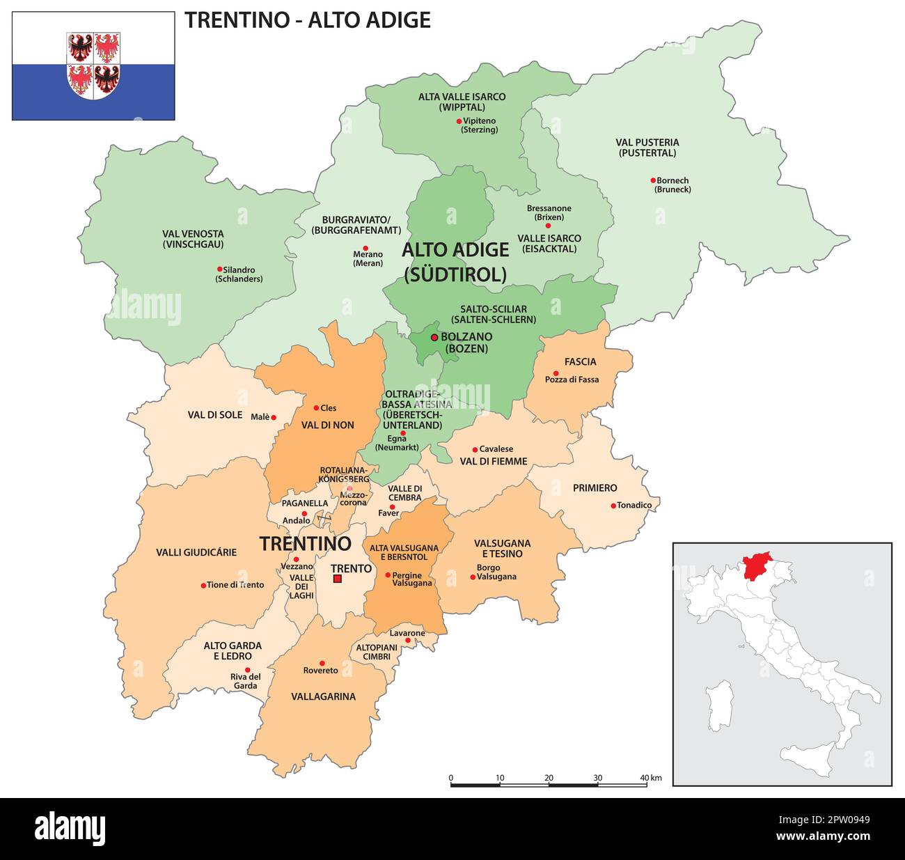 Mappa del Trentino-Alto Adige con bandiera Illustrazione Vettoriale