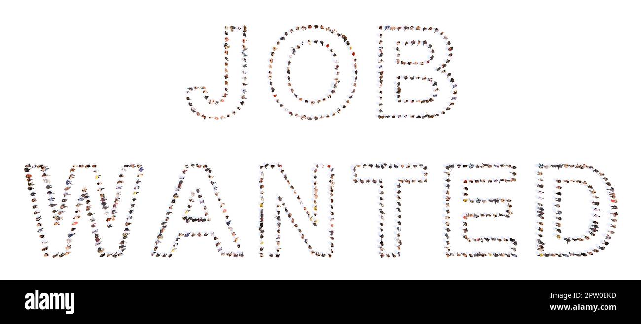 Concetto concettuale grande comunità di persone che formano LAVORO VOLUTO messaggio. 3d metafora illustrativa per il lavoro, le risorse umane, l'occupazione, il reclutamento Foto Stock