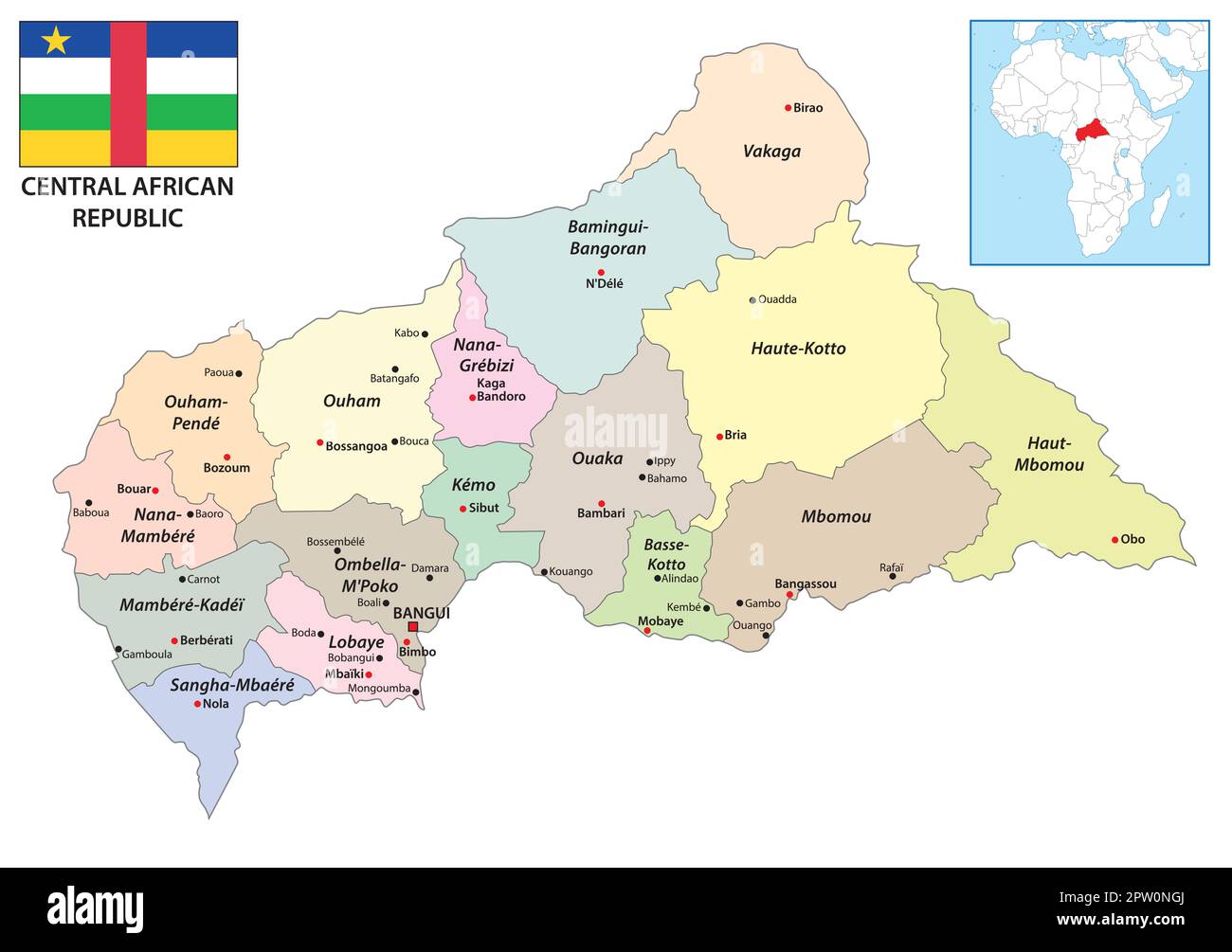 Mappa amministrativa della Repubblica Centrafricana con bandiera Illustrazione Vettoriale