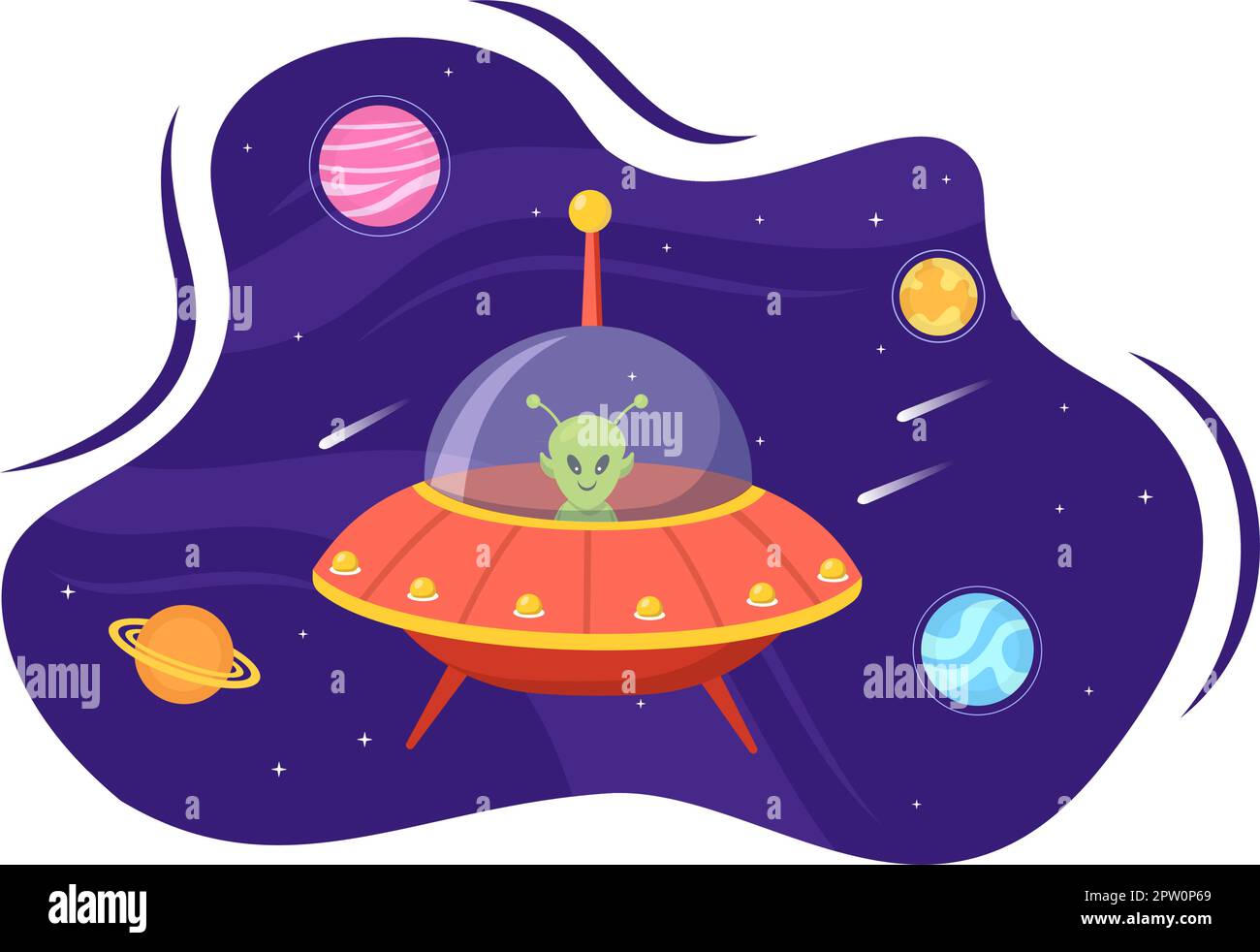 Spaceship volante UFO con raggi di luce in cielo Vista notturna della città e Alien in piano Cartoon modelli disegnati a mano Illustrazione Illustrazione Vettoriale