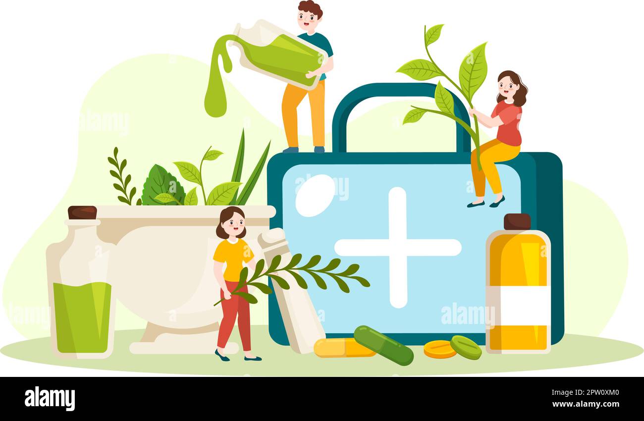 Medicina alternativa o cura di erbe delle terapie di energia con radice di Ginseng, olio essenziale e semi in Cartoon piano modelli disegnati a mano Illustrazione Illustrazione Vettoriale