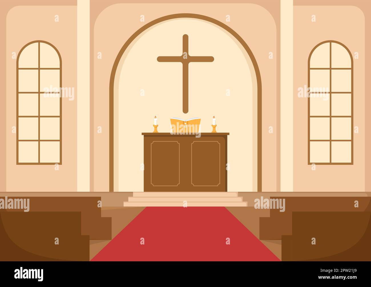 Cathedral Catholic Church Building con architettura, Chiese medievali e moderne Interior Design in Cartoon piano modelli disegnati a mano Illustrazione Illustrazione Vettoriale