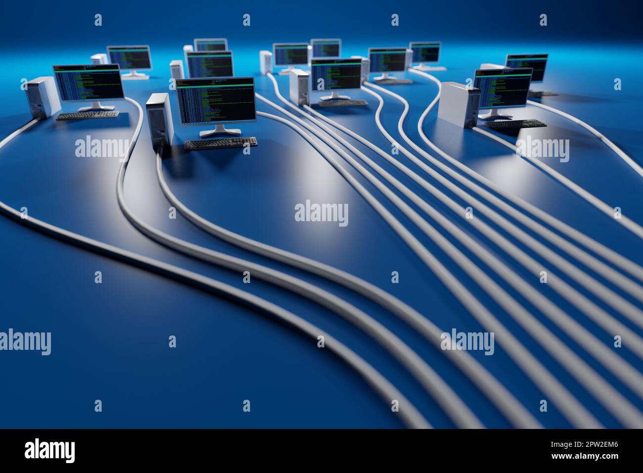 Rete informatica, concetto di cloud computing su sfondo blu. Rendering 3D digitale. Foto Stock