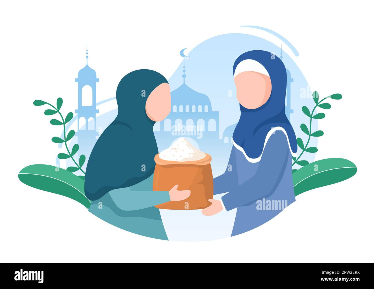 La gente musulmana che dà la donazione di ALMS, Zakat o InFAQ ad una persona che ne ha bisogno in Plate Cartoon Poster modelli disegnati a mano Illustrazione Foto Stock