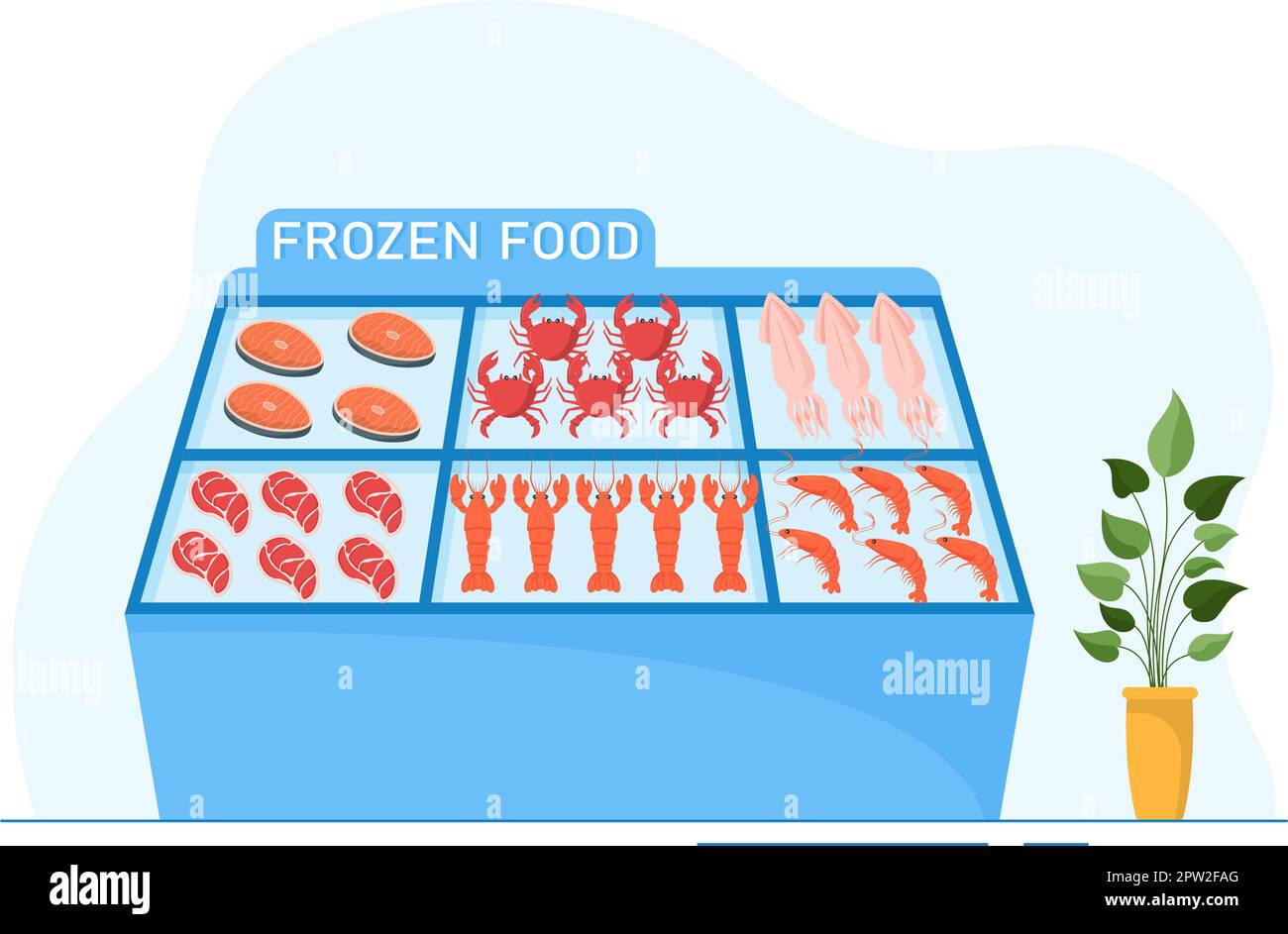 Frozen Food Store con prodotti aspirati utilizzando pellicola e astuccio imballaggio per essere freschi in mano modello di Cartoon trafilato Illustrazione Illustrazione Vettoriale