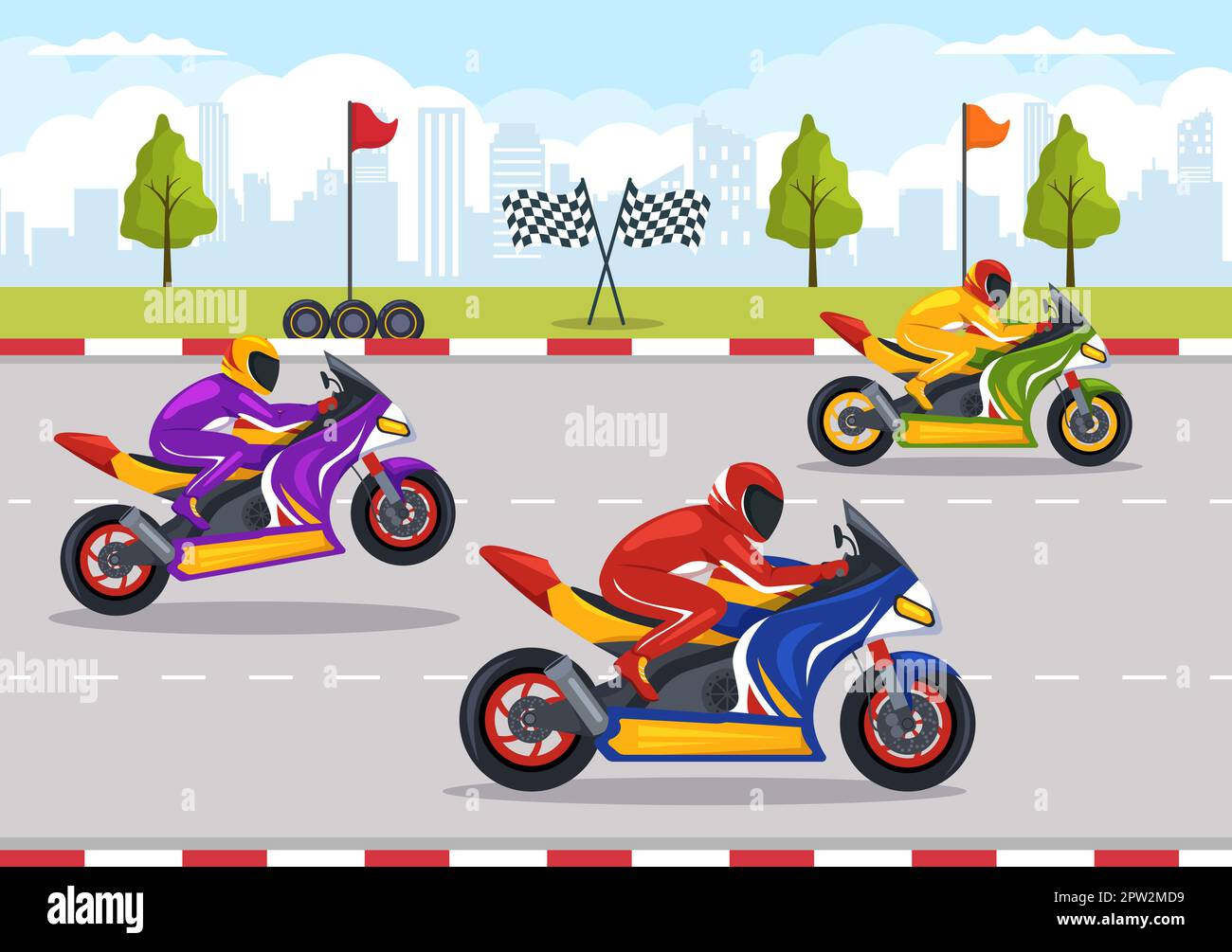 Campionato motociclistico Racing su pista Illustrazione con motore da corsa per Landing Page in Flat Cartoon modelli disegnati a mano Illustrazione Vettoriale