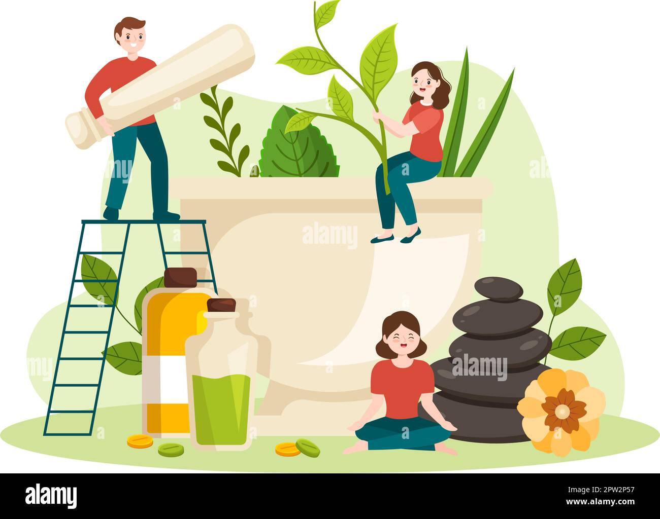 Medicina alternativa o cura di erbe delle terapie di energia con radice di Ginseng, olio essenziale e semi in Cartoon piano modelli disegnati a mano Illustrazione Illustrazione Vettoriale