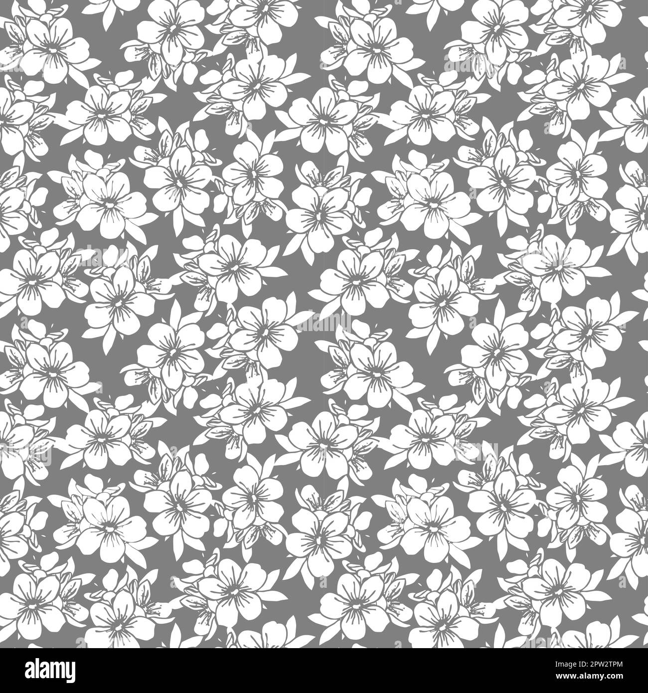 motivo floreale senza cuciture di fiori bianchi su sfondo grigio, texture, ripetizione pattern, design Foto Stock