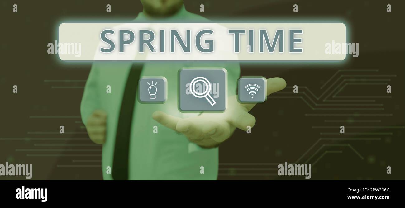 Segno che mostra Primavera tempo, concetto che significa stagione temperata dell'anno identificato da una rinascita di piante Foto Stock