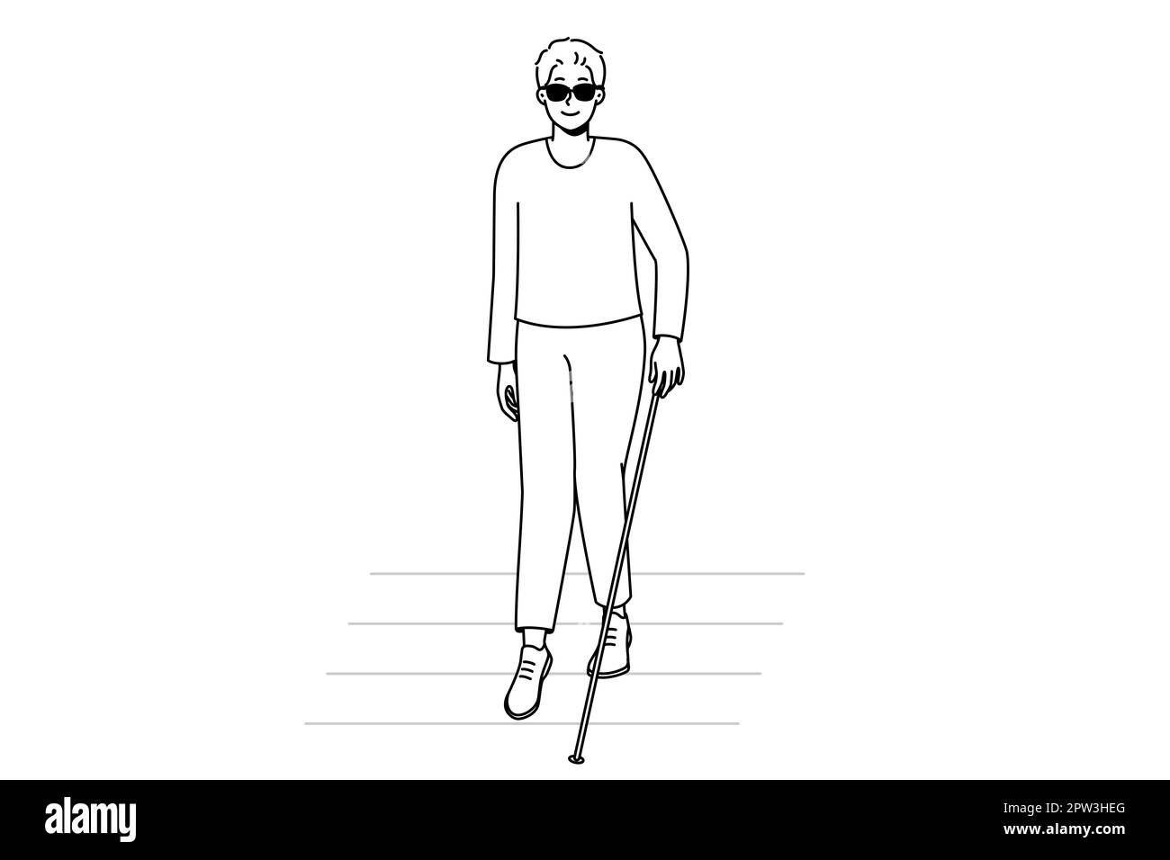 Uomo cieco con bastone che cammina sul crosswalk. Disabile maschio in occhiali da sole scuro che attraversano la strada. Disabilità e assistenza sanitaria. Illustrazione vettoriale. Foto Stock