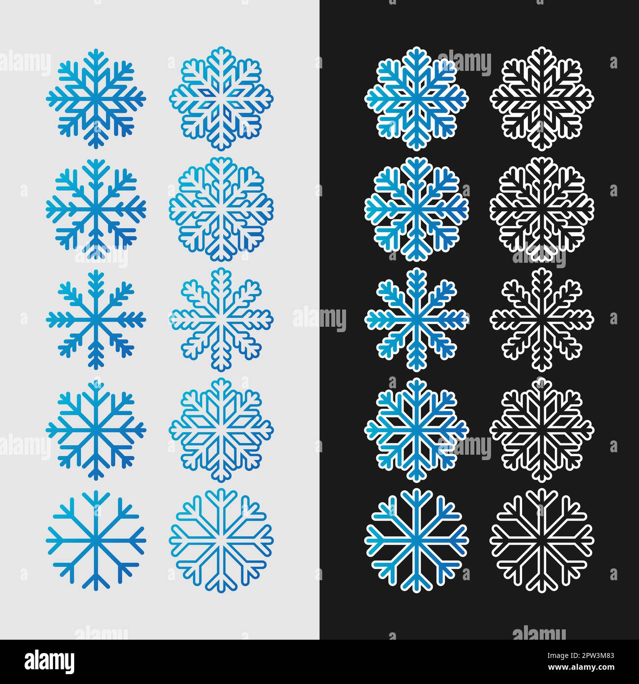 Set di icone rotonde e quadrate di silhouette di fiocchi di neve. Illustrazione Vettoriale