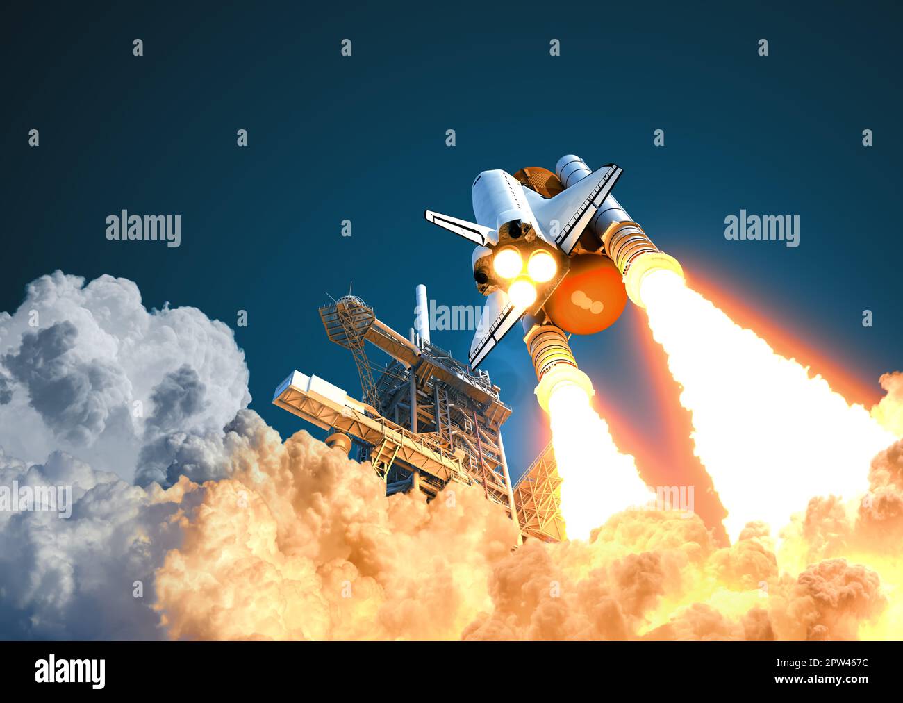 Lo Space Shuttle decollo sullo sfondo del cielo blu. illustrazione 3d. Foto Stock