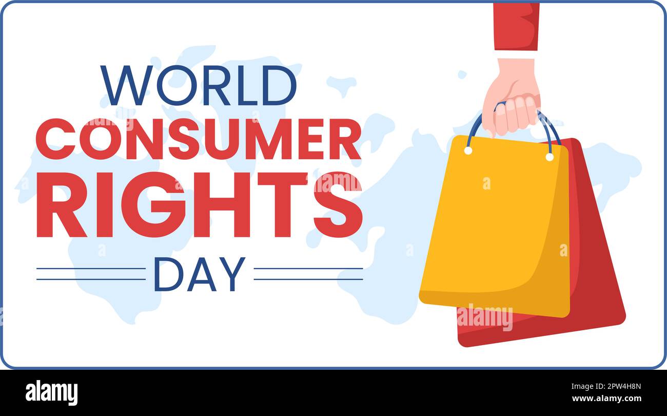 Illustrazione della Giornata mondiale dei diritti dei consumatori con shopping, borse e esigenze dei consumatori per banner Web o landing page in modelli cartoon piano disegnati a mano Illustrazione Vettoriale