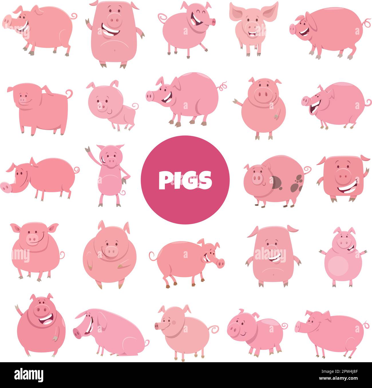 cartone animato funny maiali fattoria caratteri animali grande set Illustrazione Vettoriale