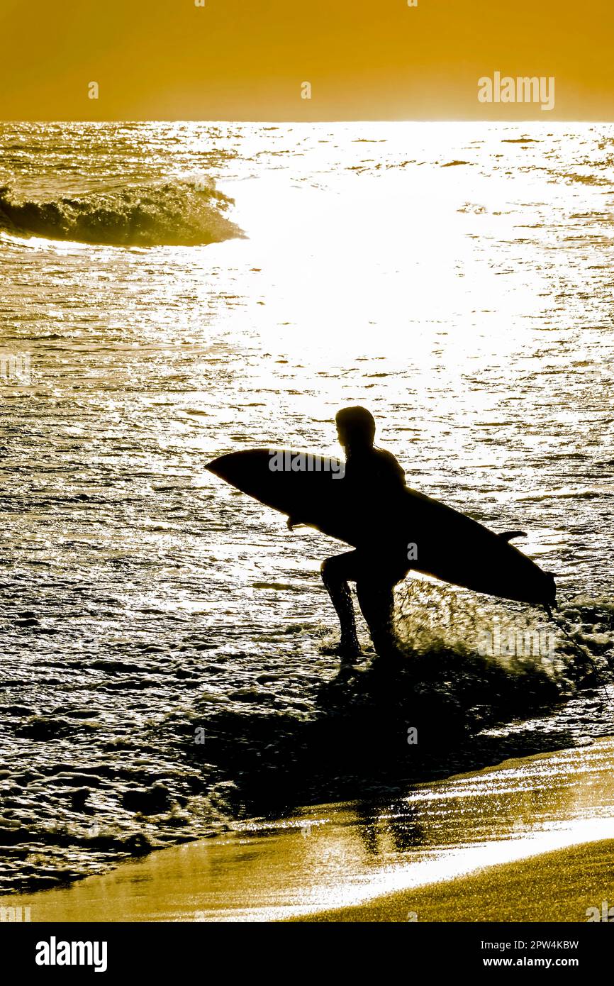 Silhouette di un surfista che entra in mare con la sua tavola da surf durante il tramonto sulla spiaggia di Ipanema a Rio de Janeiro Foto Stock