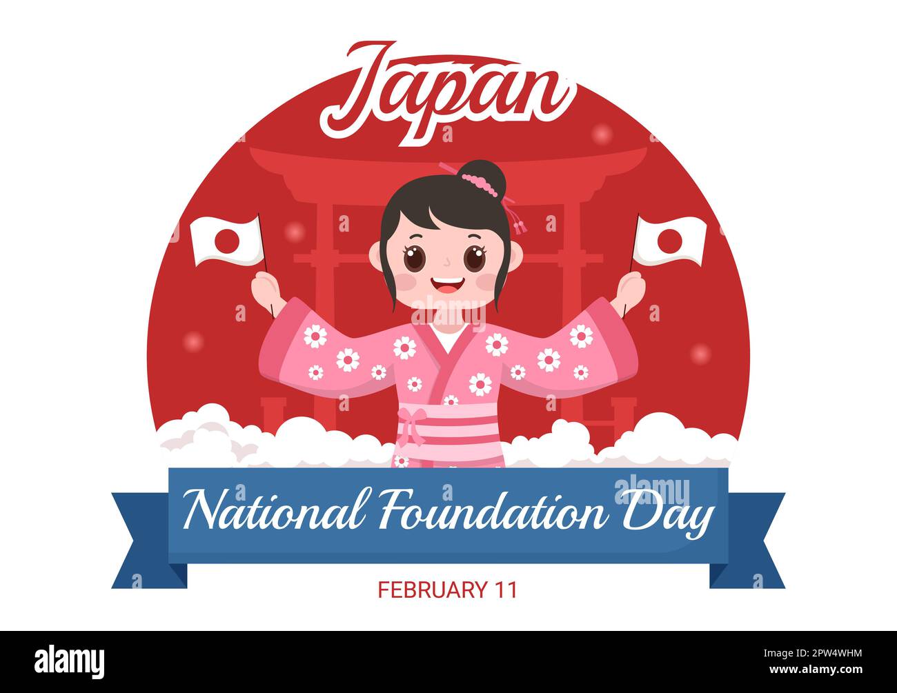 Happy Japan National Foundation Day il 11 febbraio con famosi monumenti giapponesi e Flag in stile piatto Cartoon modelli disegnati a mano Illustrazione Foto Stock