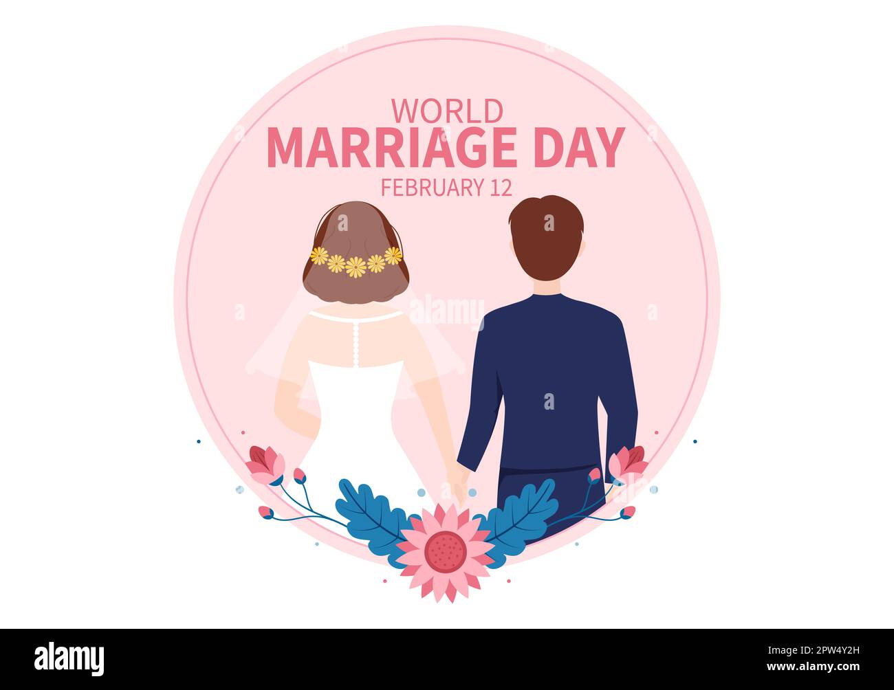 Giornata mondiale del matrimonio il 12 febbraio con simbolo d'amore per sottolineare la bellezza e la fedeltà di un partner in Cartoon piano modelli disegnati a mano Illustrazione Foto Stock