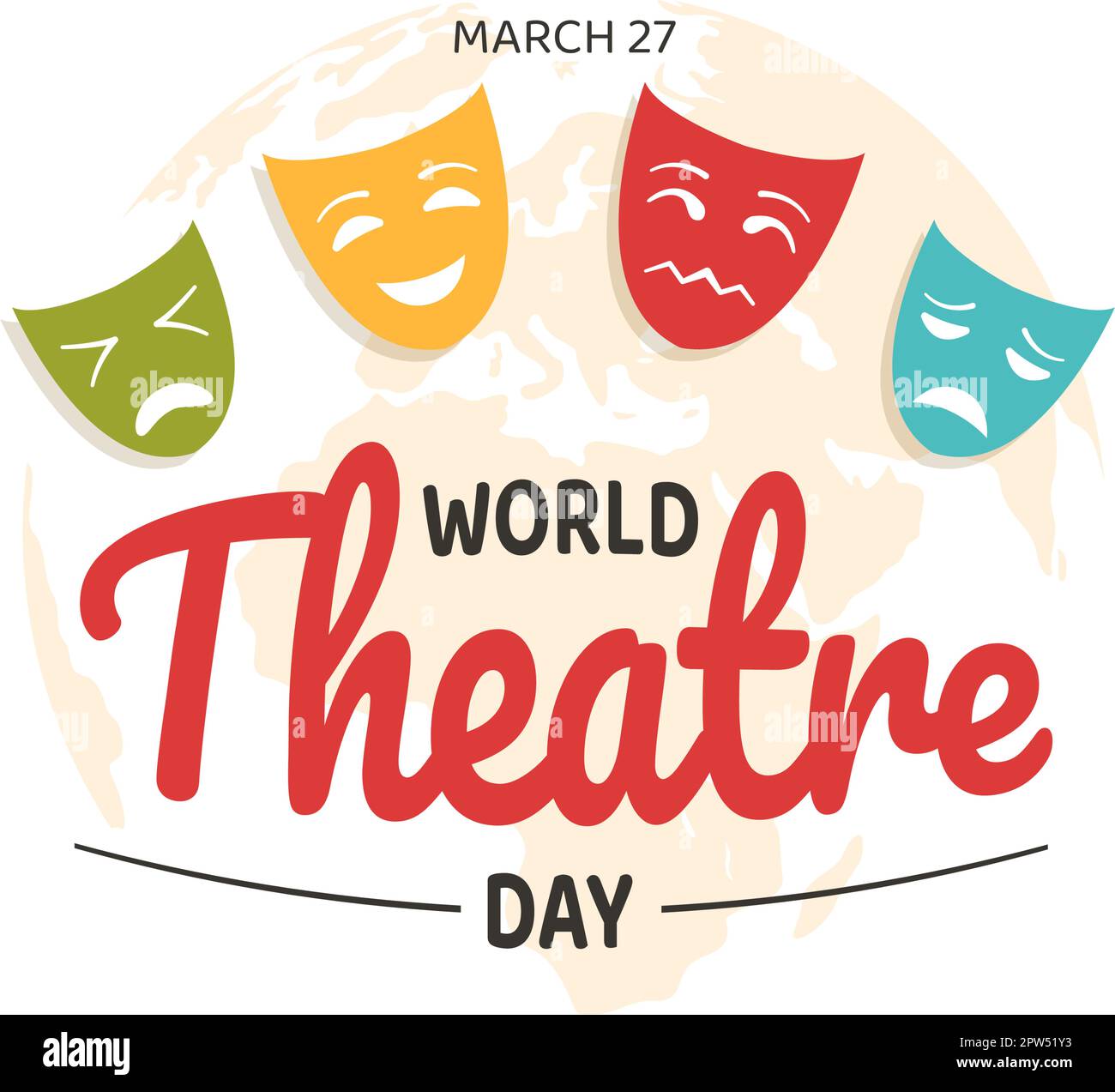 World Theatre Day il 27 marzo Illustrazione con maschere e per celebrare il teatro per banner Web o landing page in Cartoon piano modelli disegnati a mano Illustrazione Vettoriale