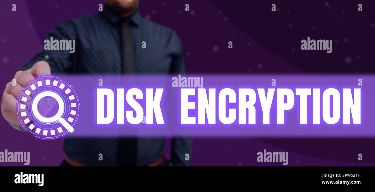 Didascalia concettuale crittografia disco, Word per il meccanismo di protezione utilizzato per proteggere i dati inattivi Foto Stock