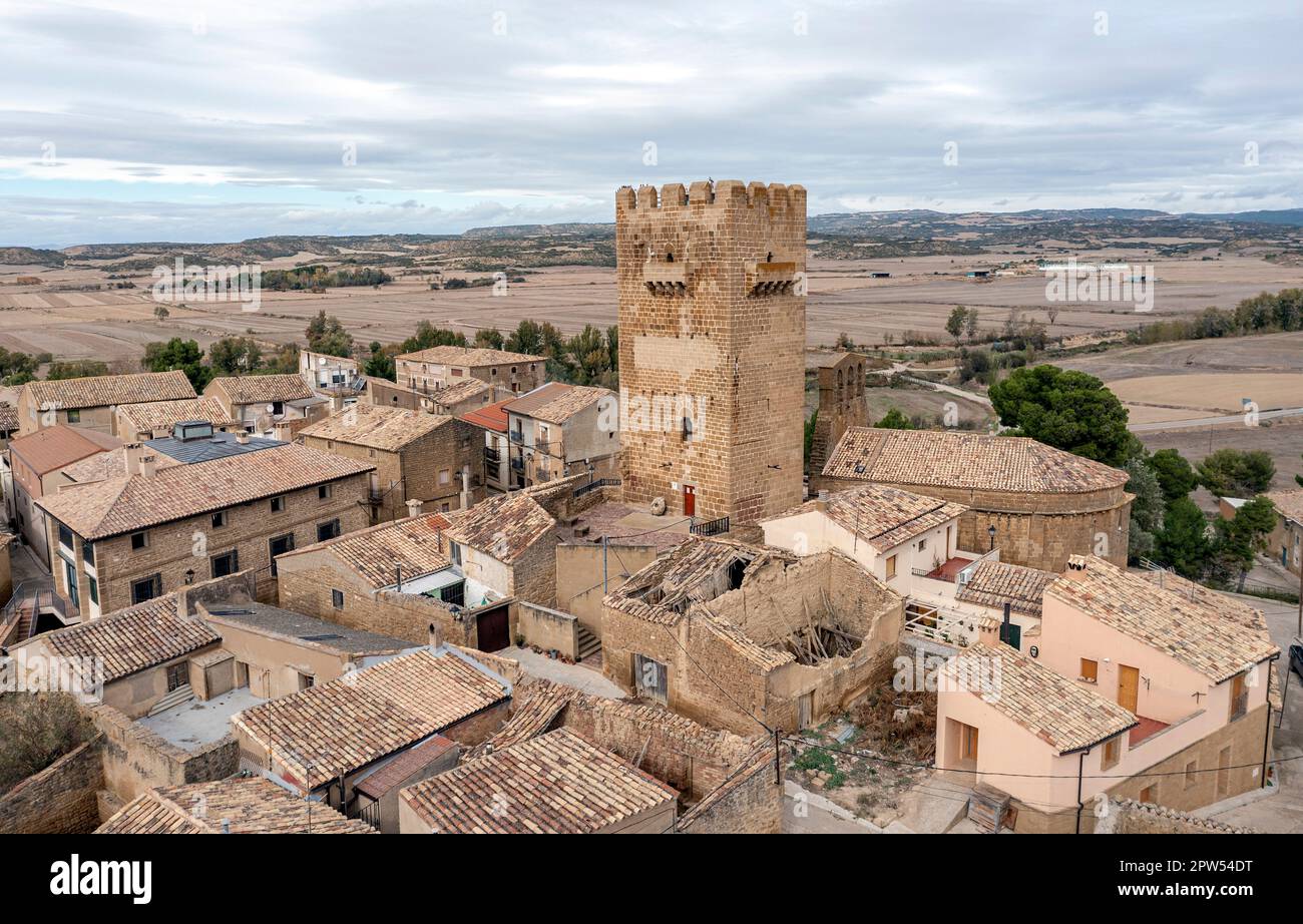Layana popolazione della Spagna, regione delle cinque Ville, appartenenti a Ejea de los Caballeros, Saragozza, Comunità autonoma di Aragona, difesa medievale Foto Stock