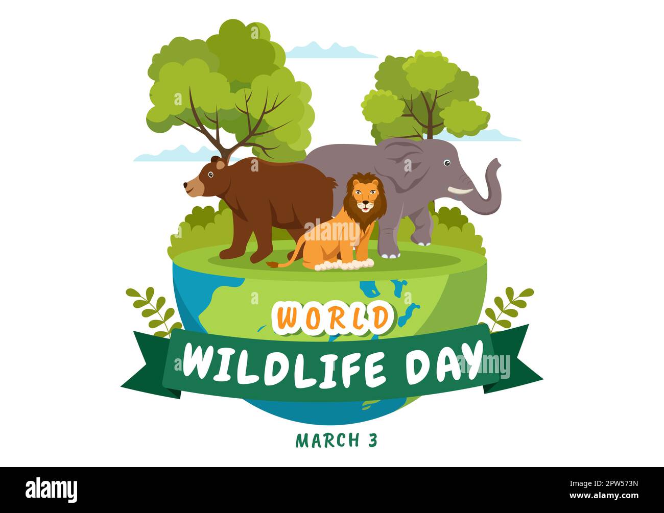 World Wildlife Day il 3rd marzo per aumentare la consapevolezza degli animali, piantare e preservare il loro habitat nella foresta in Cartoon piano modello disegnato a mano Illustrazione Foto Stock