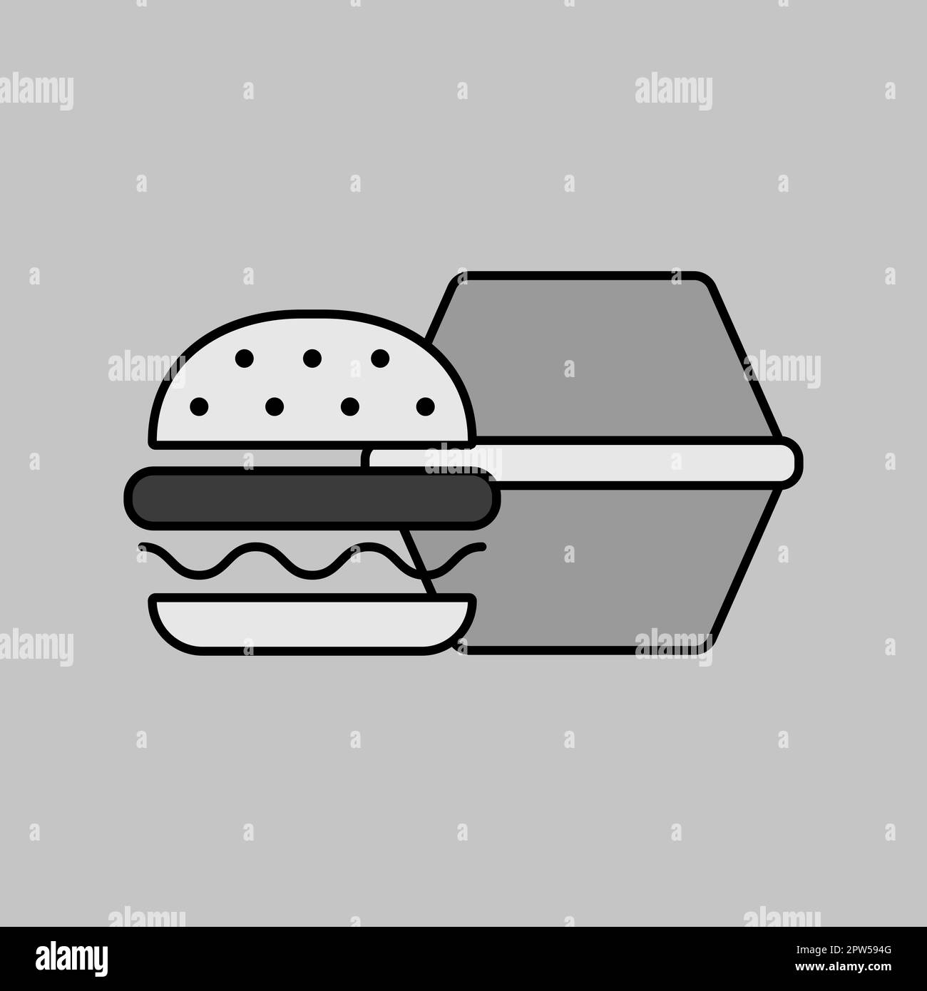 Burger con casella di cartone chiusa vettore icona scala di grigi. Segnale di consegna. Simbolo grafico per la progettazione di siti Web e app, logo, app, UI Foto Stock