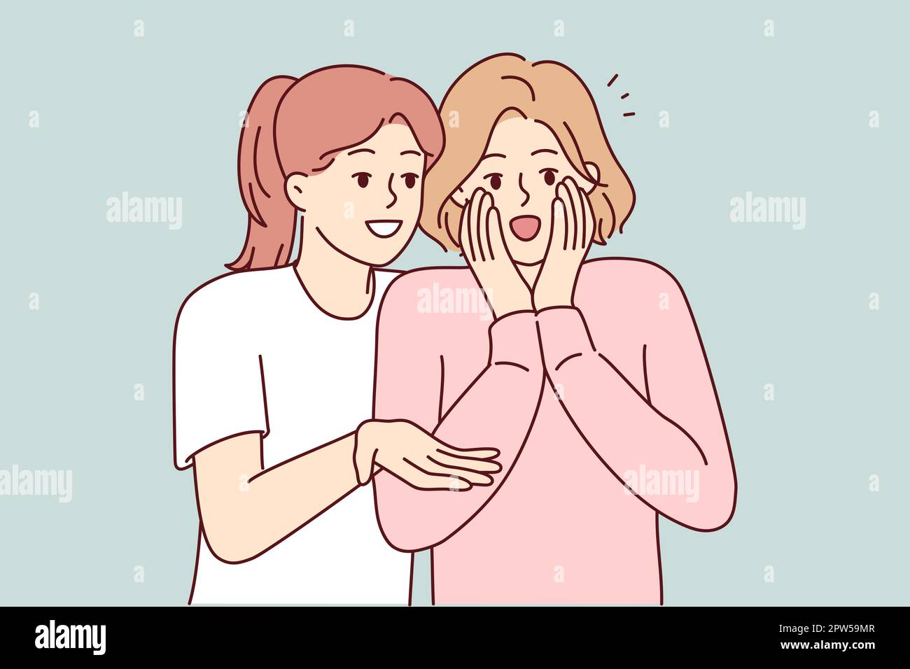 La donna condivide il pettegolezzo con un amico raccontando storie che ha letto in tabloid o su Internet. Immagine vettoriale Illustrazione Vettoriale