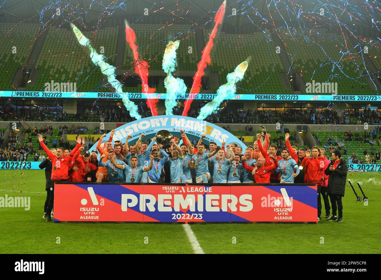 MELBOURNE, AUSTRALIA. 28 aprile 2023. Melbourne City Premiership Title Celebrations. . Ringraziamo Karl Phillipson/Alamy Live News Foto Stock
