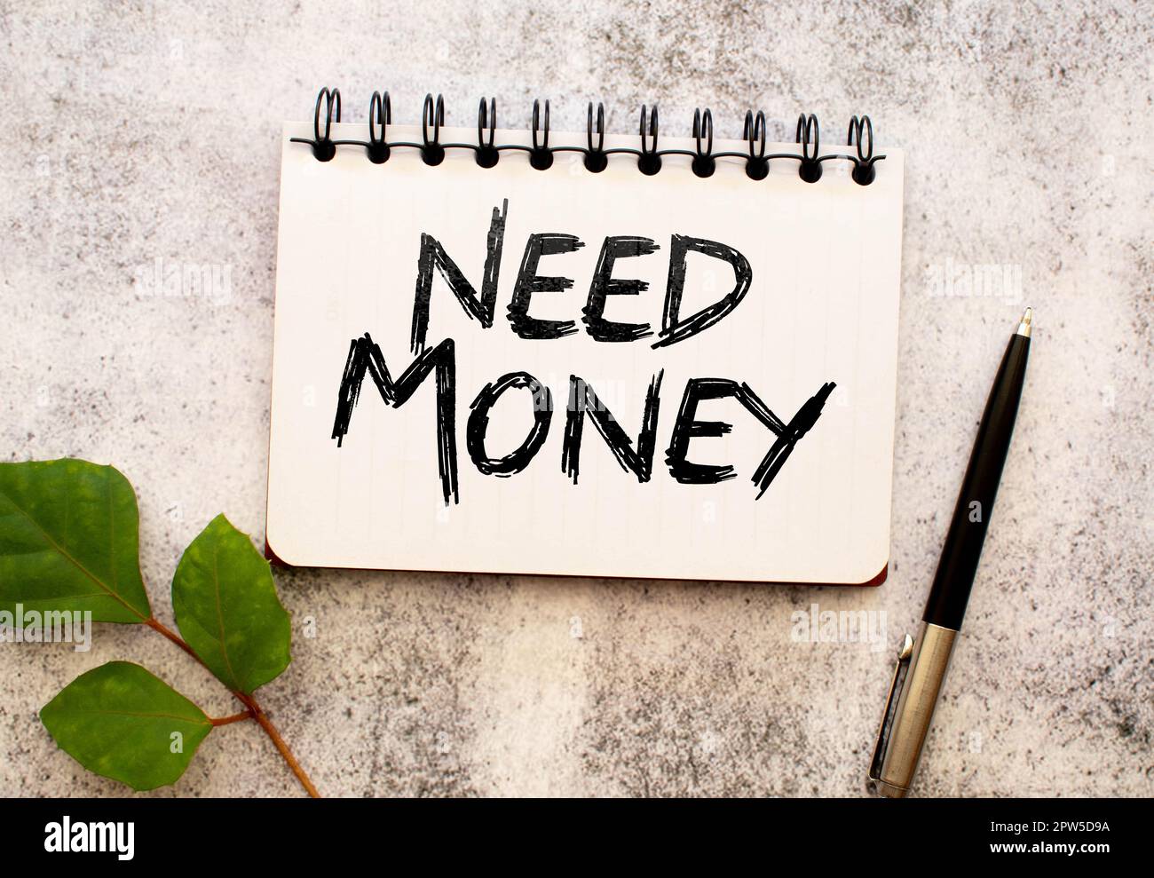 Su uno sfondo di legno blocco note, penna nera, graffetta e blocco note marrone con il testo HANNO BISOGNO DI DENARO. Concetto aziendale Foto Stock