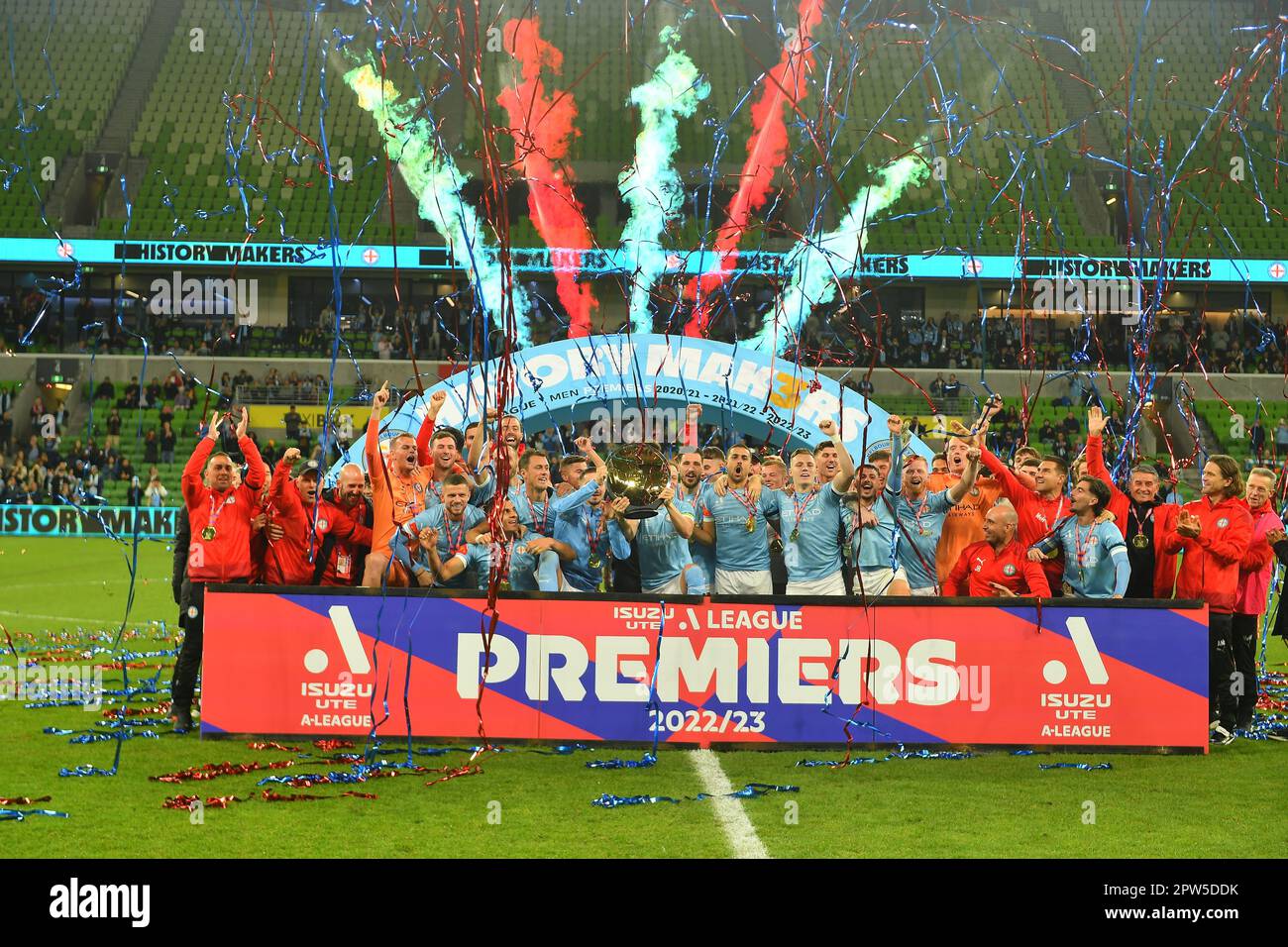 MELBOURNE, AUSTRALIA. 28 aprile 2023. Melbourne City Premiership Title Celebrations. . Ringraziamo Karl Phillipson/Alamy Live News Foto Stock