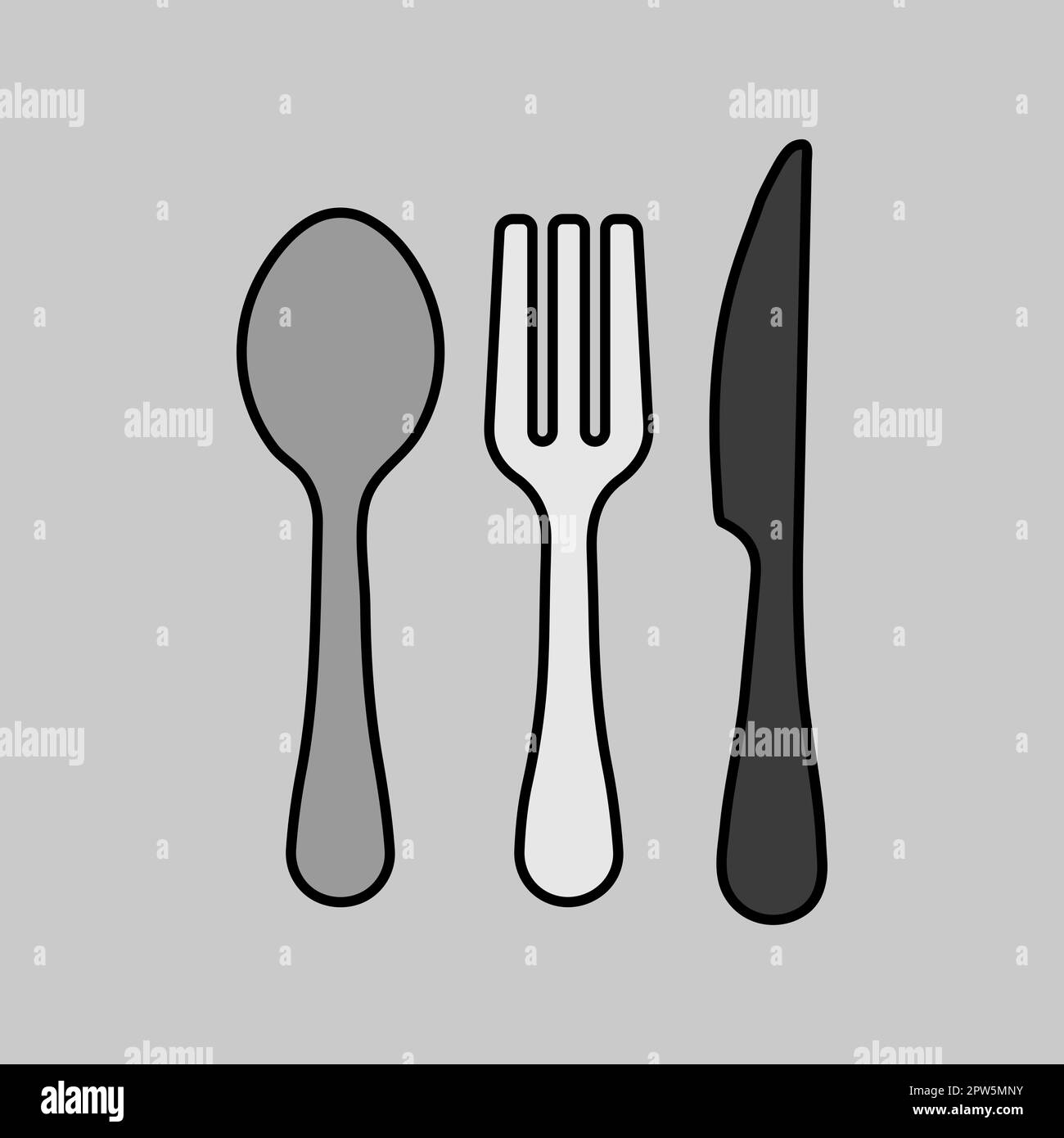 Icona della scala di grigi della forcella a cucchiaio e del coltello. Simbolo grafico per la progettazione, il logo, l'app, l'interfaccia utente del sito Web di cottura Foto Stock
