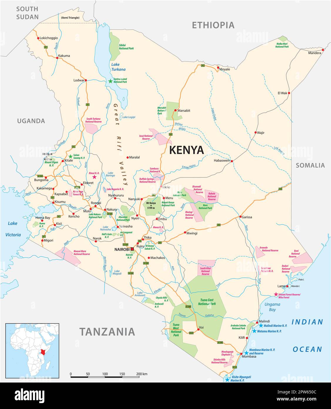 strada del kenya, parco nazionale e mappa della riserva nazionale Illustrazione Vettoriale