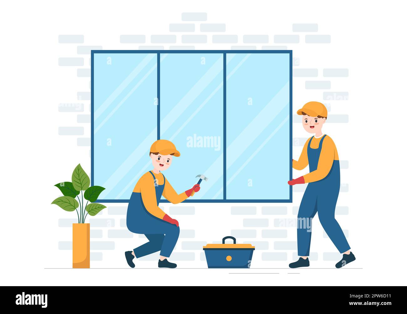 Servizio di installazione di finestre e porte con lavoratore per la riparazione a casa e ristrutturazione utilizzare gli attrezzi in Cartoon piano modello disegnato a mano Illustrazione Foto Stock