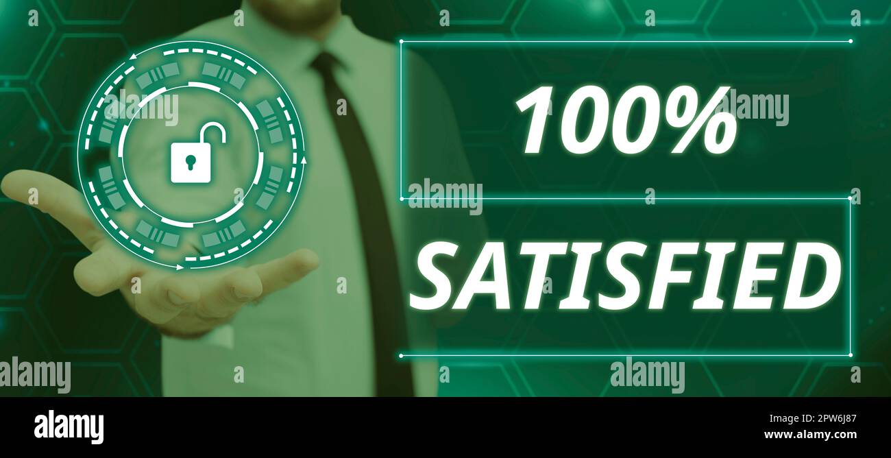 Segno che mostra 100 soddisfatto, Word scritto su prodotti e servizi supera le aspettative del cliente Foto Stock